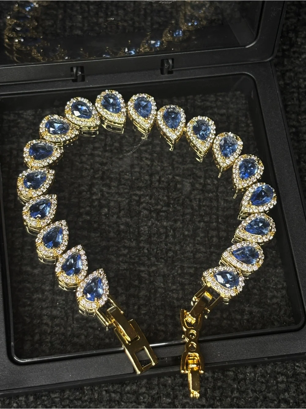 Gold Plated Blue Teardrop Tennis Bracelet